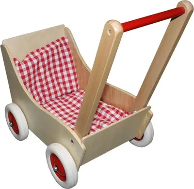 Immagine prodotto di Carrozzina per bambole in legno a scacchi rosso/bianco, circa 50 cm