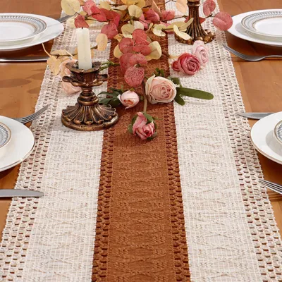 Immagine prodotto di Runner da tavolo in macramè, color marrone, 30x240 cm, in cotone, stile boho rustico