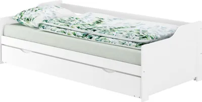 Produktbild von Sofabett Couchbett Wohnbett 90x200 Einzelbett Bettkasten Kiefer weiß Zubehör wählbar V-60.34-09WRollrost und Matratze inkl.