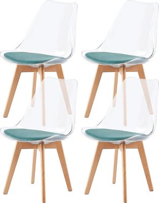 IPOTIUS Sada 4 jídelních židlí SGS Sametový sedák s masivní bukovou nohou, skandinávský design Čalouněné kuchyňské židle Židle kuchyňské dřevo, průhledné a kaktusové