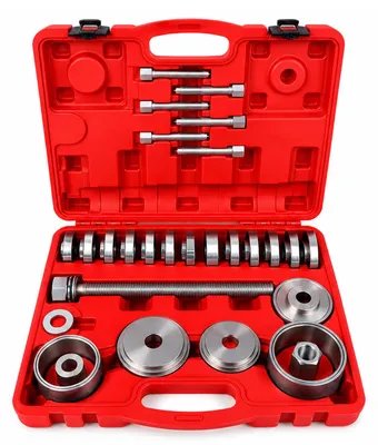 Immagine prodotto di Set pressa estrattore boccole e cuscinetti mozzi ruota, fusello portamozzo con adattatori 50-102 mm, 34 pezzi Gebo Tools