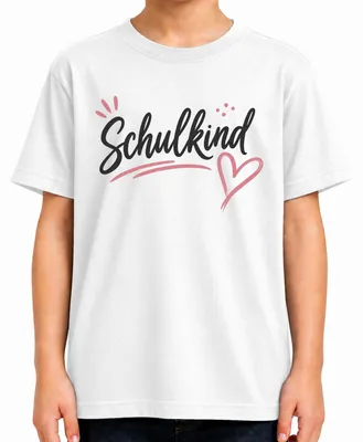 Productafbeelding van T-shirt voor meisjes, wit, maat 104, met opdruk: "Eerste schooldag", "School begint", "Hart" (geschikt voor de start van de basisschool)