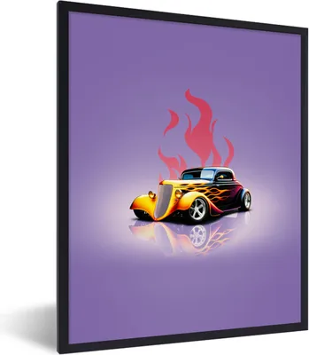 Produktbild von MuchoWow® Gerahmtes Poster Auto - Lila - Flammen - Vintage 60x80 cm - Poster mit Schwarzem Bilderrahmen Wandposter Rahmen Foto Bilder - Premium - Wanddeko Wohnzimmer