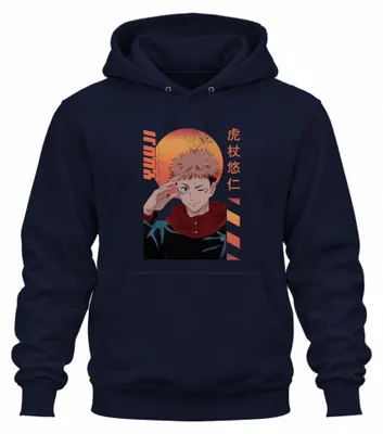 Obrázek produktu pro Jujutsu Kaisen – Itadori Yuji s mrknutím – anime dárek – retro uni mikina s kapucí, tmavě modrá, velikost M