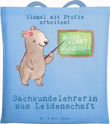 Produktbild von Mr. & Mrs. Panda Shopping Tasche Sachkundelehrerin Leidenschaft - Sky Blue - Geschenk, Grundschule, dokumententasche, Sachkundeunterricht, Lustig, Laptoptasche, Witzig