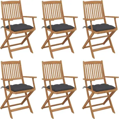 Produktbild von Garten Klappstühle 6er Set, Akazienholz massiv geölt, mit anthrazitfarbenen Sitzpolstern, 54x57x91 cm, bis 110 kg