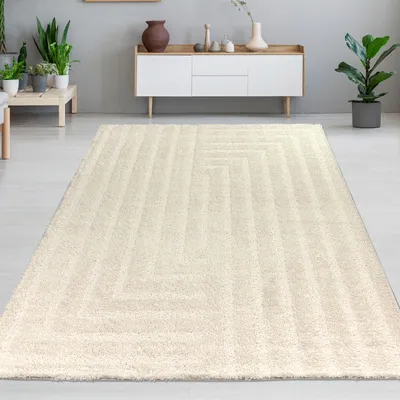 Produktbild von Flauschiger Wohnzimmer Teppich mit 3D-Muster & Fransen in Creme Größe - 240 x 340 cm