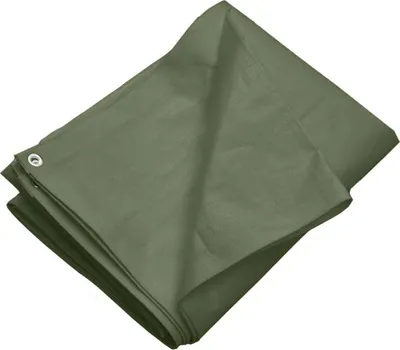 A folded green tarp is shown against a white background.