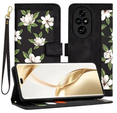 Produktbild von Buchhülle mit floralem Muster für Honor 200 Pro - Schwarz KP33265