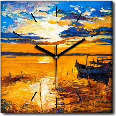 Produktbild von Coloray Uhr auf Leinwand 30x30 cm Wand Uhr Dekoration Wohnzimmer Segeltuch schwarze Hände -Sonnenuntergang-Brückenwasser