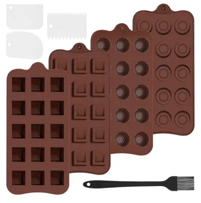 Immagine prodotto di Set di 4 stampi in silicone per cioccolato, ciascuno con 15 cavità, inclusi 3 spatole e 1 pennello