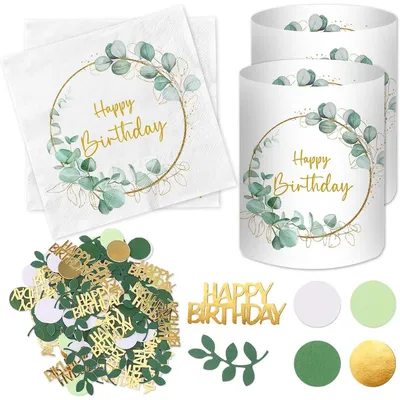 Produktbild von Geburtstagsdeko Set Grün: 20 Servietten Happy Birthday, 12 Windlichter, 100 Konfetti