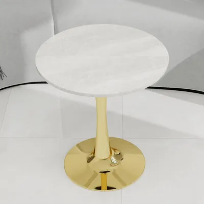 Image de Table à manger ronde Ø 70 cm pour 2 à 4 personnes – Table de cuisine aspect marbre blanc avec piètement doré – Table à manger moderne, stable et facile d'entretien – Style Mid-Century