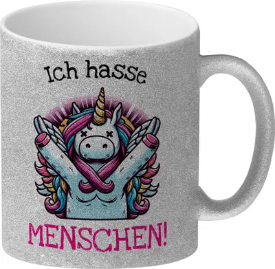 Produktbild von Einhorn Glitzer-Kaffeebecher mit Spruch Ich hasse Menschen!