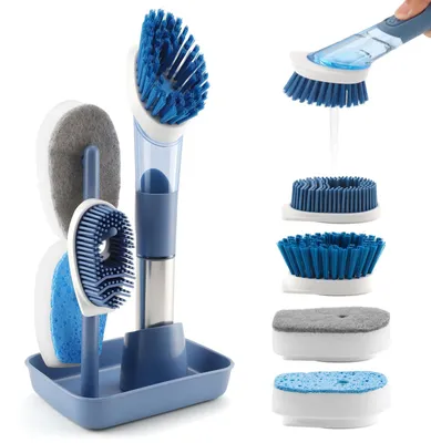 Spülbürste mit Seifenspender, 4 Köpfe, 28,5 cm, Blau