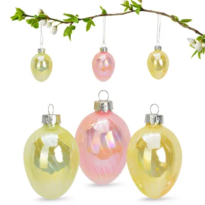 Produktbild von Glas-Ostereier Frühlingsschimmer, 199_Bitte wählen:6er Set - 4x6 cm, 200_Farbe:Glaseier - Gelb / Rosa / Grün