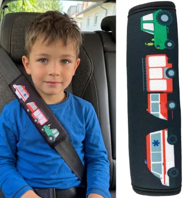 Image de 1x HECKBO Protection de ceinture de sécurité pour voiture avec motif pompier, tracteur, ambulance - pour enfants, garçons, garçons - ceinture de sécurité coussin d'épaule sièges auto coussin de ceinture - aussi pour sièges de vélo
