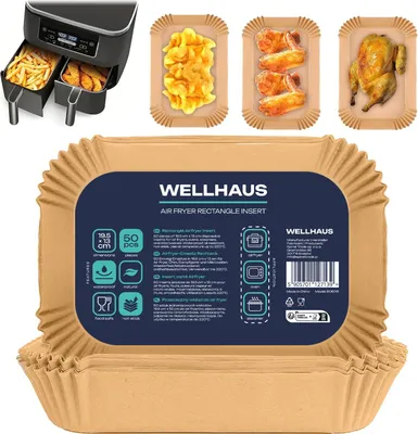Produktbild von WELLHAUS Airfryer Einlagen 195x130 mm 50 Stück Silikonbeschichtet Air fryer Backpapier Antihaft Einwegschalen Luftfritteuse Pergamentpapier