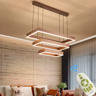 Zdjęcie produktu dla Lampa wisząca LED 6053FX-KF prostokątna kolor kawowy z pilotem regulacja barwy/jasności światła ściemnialna lampa LED do salonu żyrandol lampa wisząca