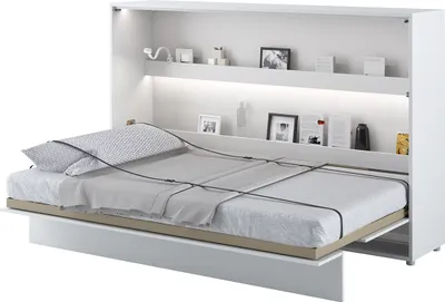 Produktbild von meblini Schrankbett 120x200cm Horizontal, Weiß Matt, mit Lattenrost, Pneumatischer Soft-Close Mechanismus, Metallrahmen, Holzgestell, laminierte Möbelplatte, Platzsparend, Ablagen, optionale LED-Beleuchtung, verstellbare Gurte & Stabilisator