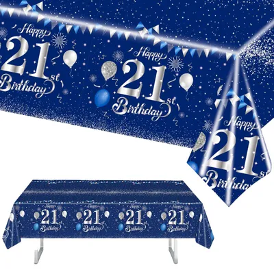 Tischdecke 21. Geburtstag, marineblau-silber, 137x274 cm