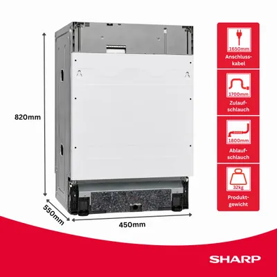 Produktbild von Sharp QW-NS1EI47EX-DE Einbau Geschirrspüler 45 cm integrierbar 10 Maßgedecke EEK E 47 dB AquaStop EcoWash Quick 30' Active Drying Edelstahl