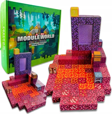 A product box and two assembled models of a Minecraft-themed portal and landscape, made from modular blocks.