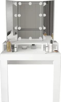 A white vanity table with a tri-fold mirror and LED lights, displaying various cosmetic products.