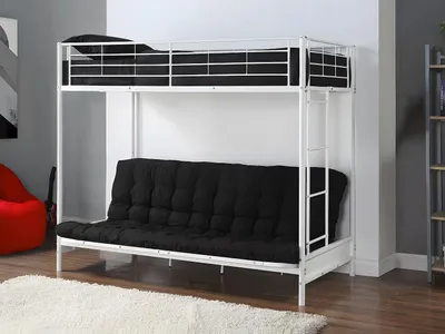 Produktbild von Zwischengeschossbett 90 x 190 cm - Mit Schlafsofa - Metall - Farbe weiß + schwarzer Futon - MODULO V