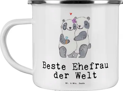 Produktbild von Mr. & Mrs. Panda Emaille Becher Panda Beste Ehefrau der Welt - Weiß - Geschenk, Kleinigkeit, Freundin, Emailletasse, Campingtasse, Frau, Kaffeepott, Pott, Ehe, Hochzeit