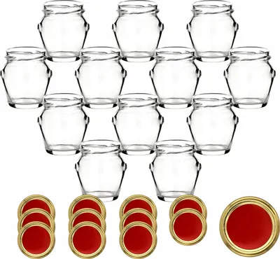 Produktbild von gouveo 12er Set Einmachgläser 106 ml Henkel mit Schraubdeckel rot-gold - Kleines Vorratsglas mit Deckel für Marmelade, Konfitüre, Selbstgemachtes