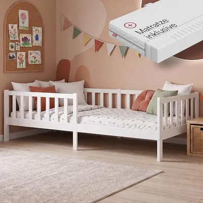 Imagen del producto de Cuna de madera maciza de pino, 90x200 cm, con colchón, color blanco