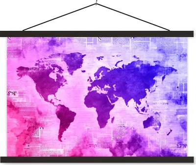 Produktbild von MuchoWow® Textilposter Weltkarte - Rosa - Blau 90x60 cm mit schwarzem Rahmen - Aufhängungssatz