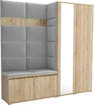 Produktbild von Garderoben-Set Noris IV mit Spiegel, gepolsterte Garderobe mit Sitzbank, Wandpaneelen und Stauraum (Farbe: Sonoma Eiche + Trinity 32)