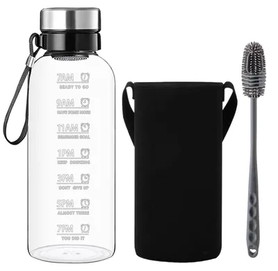Immagine prodotto di Bottiglia d'acqua in vetro da 2 litri - Grande borraccia in vetro borosilicato con indicatore del tempo
