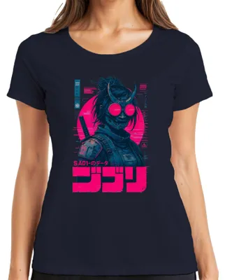 Productafbeelding van Cyberpunk Oni Samurai Katana SA01 - Dames T-shirt, marineblauw, maat M, met een Japanse neon Y2K synthwave print