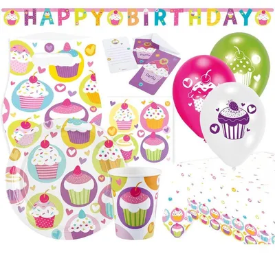 Produktbild von 64-teiliges Partyset im Cupcake-Design inkl. Teller und Becher