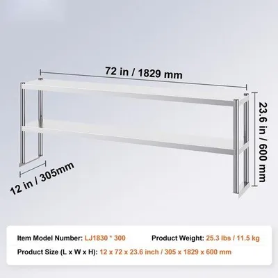 Image de Double surétagère inox Table de préparation à 2 niveaux 305x1829x640mm - Poste de travail de cuisine haut de gamme - Matériel professionnel de restauration - Construction robuste en inox