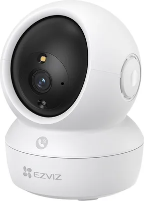 A white EZVIZ smart security camera with a black lens is shown against a white background.