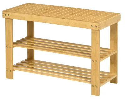 Obrázok produktu pre HOMCOM Nízka komoda na topánky z bambusu s 2 policami a sedákom, 70x28x45 cm, prírodná farba