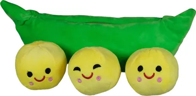A plush toy of three peas in a pod.