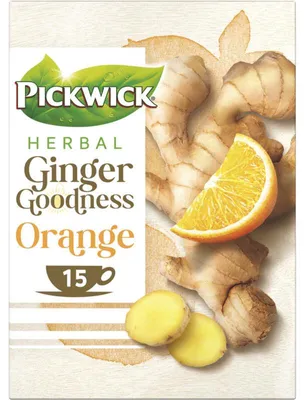 Produktbild von Pickwick Ginger Goodness Orange Kräutertee, 15 Beutel, 26g – Aromatischer Ingwer- und Orangen-Kräutertee