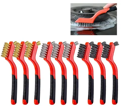 Obrázok produktu pre Sada 9 Drôtených Štetcov, Mosadz, Nerezová Oceľ & Nylon, 180 mm, Zakrivená Rukoväť, Na Odstránenie Nečistôt &