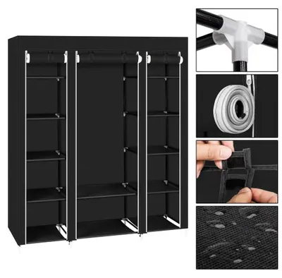 Produktbild von Mobiler Kleiderschrank - Stoffkleiderschrank - Vliesstoff, Aluminiumrahmen, rostbeständig, Ablagefächer, 150×45×175 cm - Schwarz