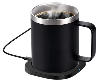 Produktbild von 2-in-1-Kaffeetassenwaermer und kabelloses Ladegeraet mit Tasse und Deckel, 55 ¡ãC/131 ¡ãF, intelligente konstante Temperatur, 10,5 oz, lebensmittelecht, doppelschichtiger Getraenketassenwaermer aus 304 Edelstahl fuer den Schreibtisch, das Homeoffice