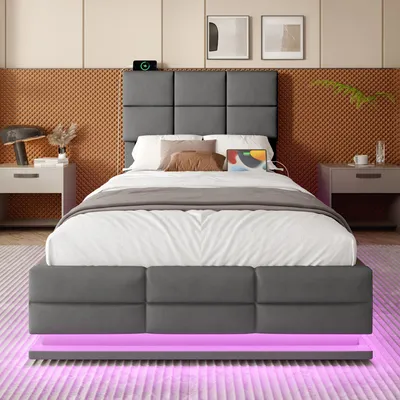 Zdjęcie produktu dla Łóżko tapicerowane Zerbaco z pojemnikiem na pościel, 90x200 cm, jednoosobowe, z podnoszeniem hydraulicznym, oświetleniem LED, portami USB i typu C, regulowanym zagłówkiem, w kolorze ciemnoszarym, bez materaca