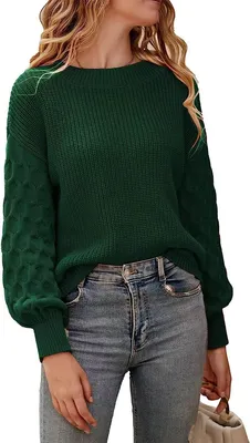 Produktbild von ASKSA Damen Pullover Laternenaermeln Strickpullover Rundhals Langarm Pulli Einfarbig Sweater Tops, Gruen, S