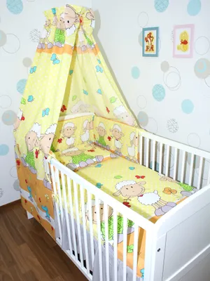 Produktbild von Primawela Baby Bettset - 6 teiliges Set mit Vollstoff Himmel Bettwäsche Nestchen 21.  Schaf Gelb