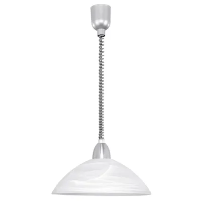 A pendant light fixture with a metal spring arm and a white glass shade.