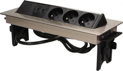 Image de Prise encastrée dans un boîtier nickelé avec chargeur USB et câble de 1,8 m, 3x2P+Z, 2xUSB